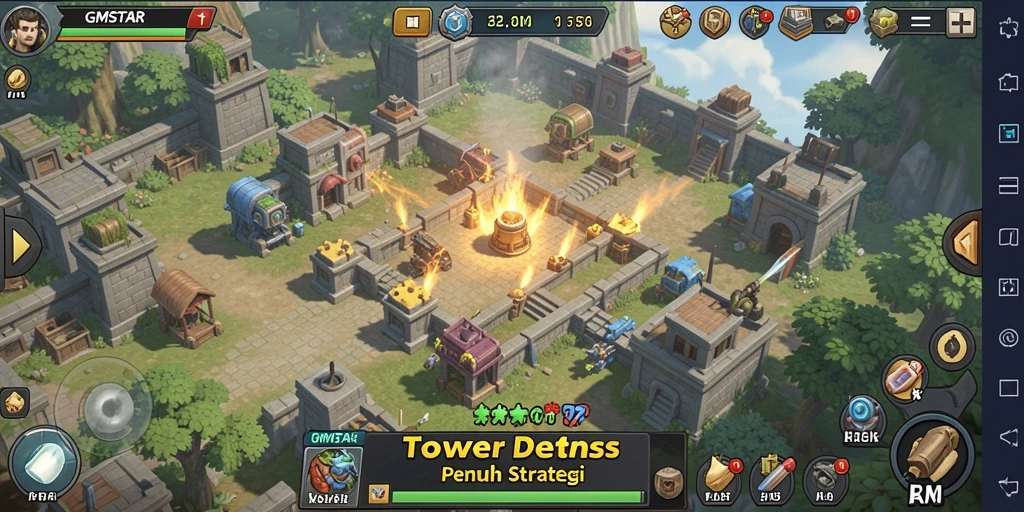 Tangkapan layar gameplay GMSTAR menunjukkan pertarungan Tower Defense yang mendebarkan.